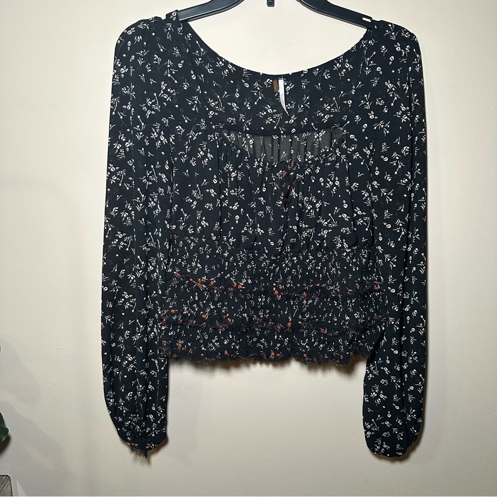 Free People Floral Black Women's Smocked Ruffled Cutout Front Tie Blouse Large